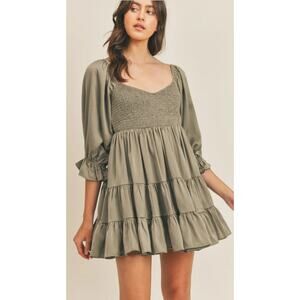 Mable Emory Smocked Ruffle Babydoll cotton mini dress NWT light green olive S